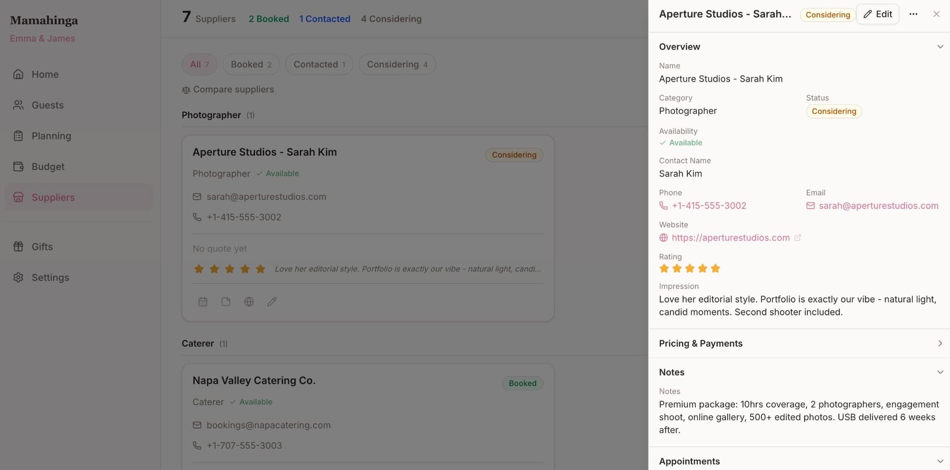 Wedding supplier and vendor management in Mamahinga