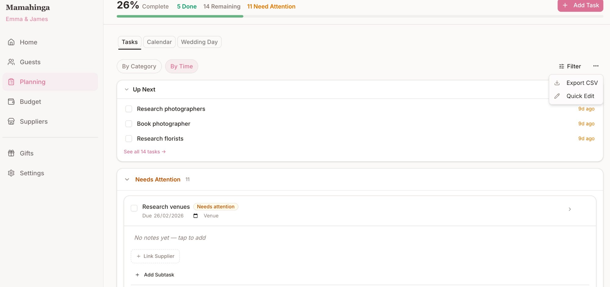 Wedding planning checklist in Mamahinga — date-adaptive tasks grouped by urgency, showing what to do 12 months, 6 months, and 1 month before the ceremony